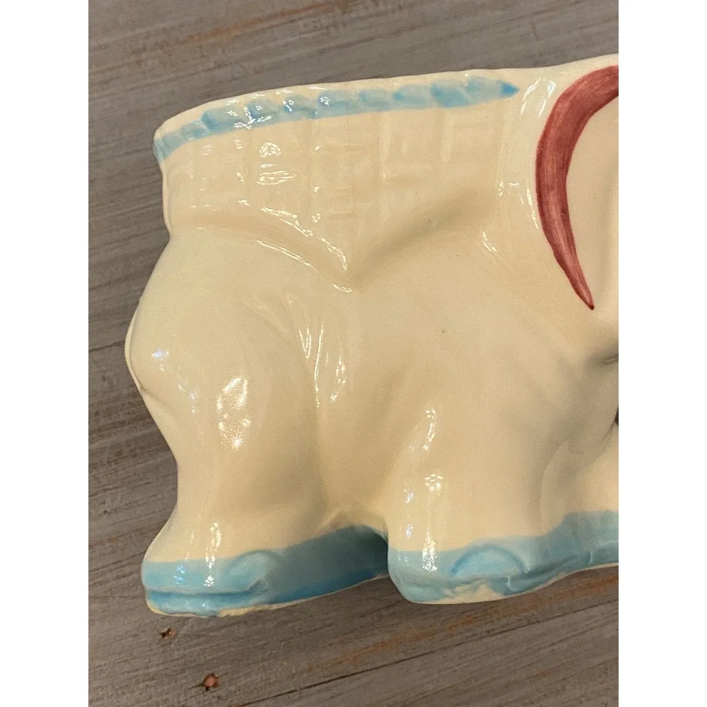 Vintage USA Ceramic Elephant Planter Cream Blue Red Mid Century Pottery Novelty